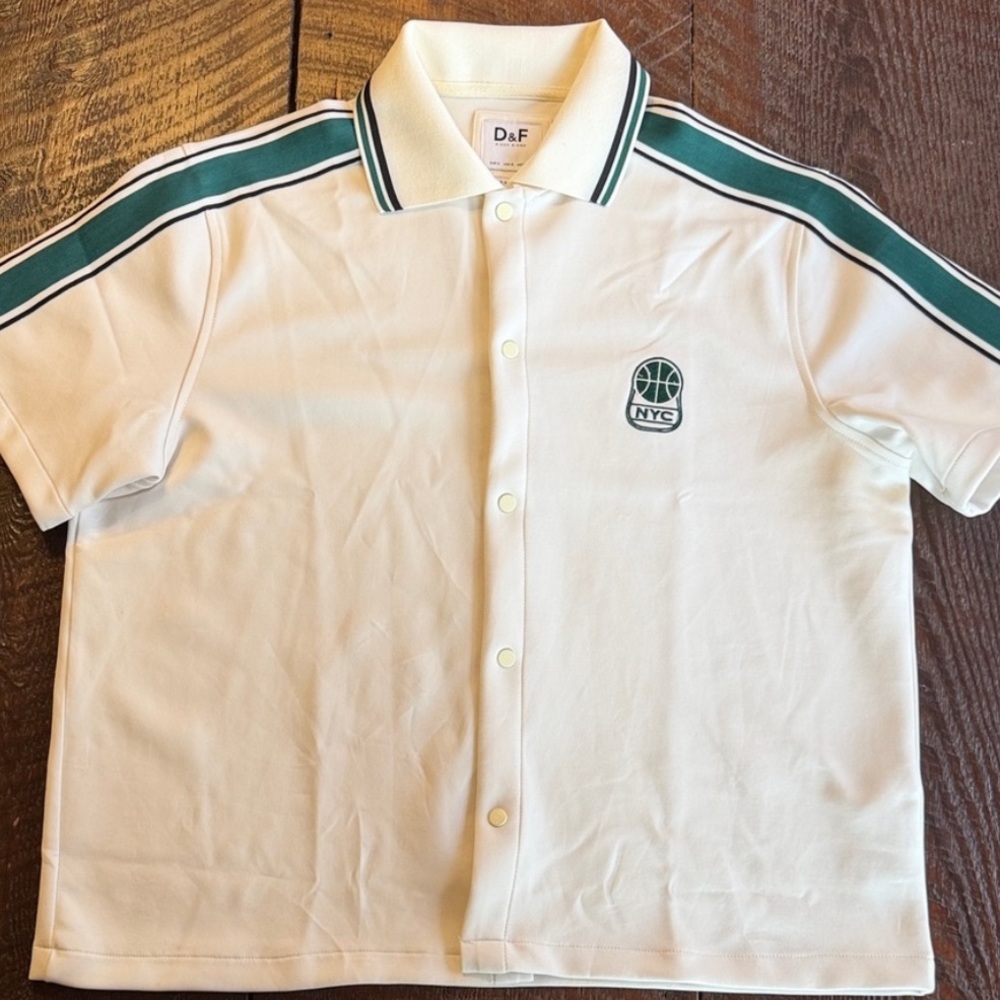Men’s Cream Polo Shirt Green Stripe NYC Logo Streetwear Relaxed Fit Small